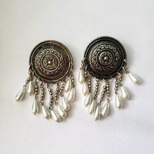 Large Silver Toned Circular Earring with Dangling Pearls